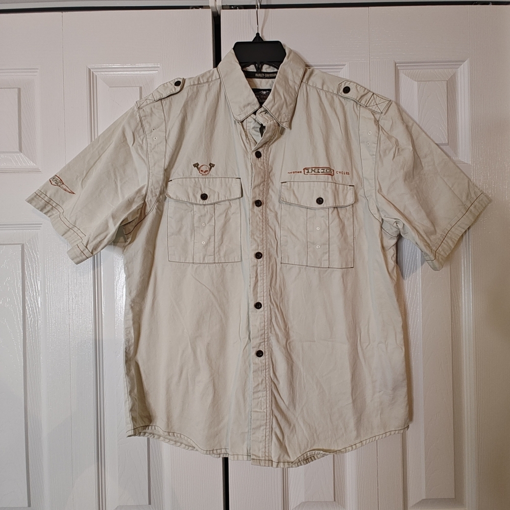 Men's Harley Davidson Motorcycle HDMC Beige Short Sleeved Button Up Sz L EUC